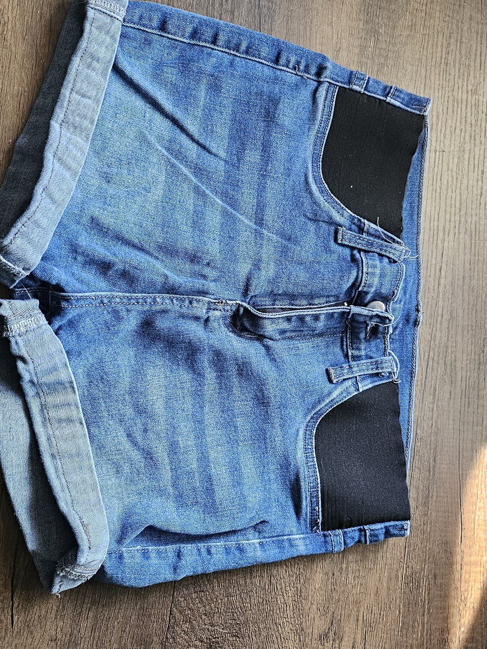 Blue Denim Maternity Shorts with Black Panel